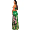 2021 Taille Bande Découpée Été Bohème Maxi Robe Femmes Halter Cou Dos Nu Robes De Plage Sexy Plume Imprimer Club Robe De Soirée X0521