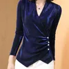 M-4XL Royal Blue V-Neck Glänsande Blusar Toppar Kvinnor Plus Storlek Vår Höst Långärmad Slim Office Koreanska Eleganta Pullovers Blusas 210513