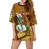 Women Black Green Gold Blue Silver T-shirt O Neck Short Sleeve Sequined Cartoon Mermaid Letter Loose Top Summer B0777 210514