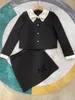2021 Autumn Black Women's Two Pieces Dress Designer Pearls Button Bow Small Jackets and kjolar Set 81833