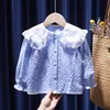 Ruches kraag baby meisjes shirts tops katoen jacquard kinderen flare mouw shirt lente herfst kleding blouse