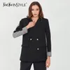 女性vネック長袖ヒット色非対称裾のコート女性秋の服210524のためのカジュアルなパッチワークジャケット