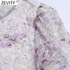 Zevity Women Sweet Floral Print Pleats Ruffles Szyfonowe Koszule Kobiet Puff Sleeve Casual Slim Bluzyki Roupas Chic Topy LS9195 210603