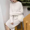 Women Knit Brown White Black Coral Crew Neck Long Sleeve Pullover Knee Length Pencil Skirt Two Piece Set Solid T0047 210514