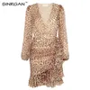 NANKEY Plunged Ruched Ruffle Mini Chiffon Dress Leopard Print Balloon Sleeves Women Sexy Party Dress Clothing 210309