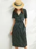 Minimalism Summer Dress For Women Offical Lady Stripe Printed Vneck Loose Belt Knee-length 12030094 210527