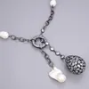 Guaiguai smycken odlade vita rispärl CZ Gunmetal Chain Halsband Keshi Pearl CZ Teardrop Pendant for Women Real ädelstenar Stone LA5211131