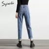 Серый синий с высокой талией джинсы женщины уличные стиль хлопчатобумажная мама джинсы нет тяги плюс размер женщин парень джинсы винтажные штаны 210417