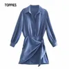 Vintage blauw shirt jurk vrouwen lange mouw jurken knoop boog asymmetrische zoom zijden satijn 210421