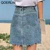 Qoerlin vintage rasgado na cintura alta saia feminina sherm skole split jeans saia lateral de bolso lateral zíper Design mini saias 210412