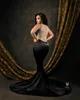 Plus Size Arabo Aso Ebi Nero Sexy Abiti da sera a sirena Cristalli Liste Sheer Neck Piano Lunghezza Abito formale Party Occasioni speciali Abito da secondo ricevimento