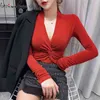 봄 가을 한국어 스타일 T 셔츠 패션 섹시한 V 넥 크로스 코튼 여성 탑스 Ropa Mujer 바닥 셔츠 스트레치 티셔츠 T00302L 210401