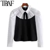 Traf Women Sweet Fashion with Bow Tied Pleated Patchwork Blousesヴィンテージ長袖の女性シャツBlusas Chic Tops 210415