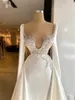 Pérolas brancas laço apliques sereia vestidos de casamento com trem destacável vestido nupcial feito sob encomenda feita mangas compridas comprimento de piso vestes de mariée