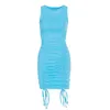 Sin mangas cordón vendaje sexy mini vestido de las mujeres o cuello verano tanque bodycon dress dama plisado stretch short party club dress 210507