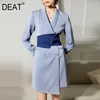 DEAT Lato i wiosna Moda V-Neck Talia Pieczęć Asymetryczne Podwójne Biersed High Waist Slim Suit Dress WR30505L 210428
