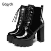 Gdgydh 2021 Thick High Heeled Female Patent Leather Ankle Boots Round Toe Lace-up Zipper Women Short Boots Gothic Women Shoes Y0914