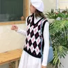 Spring Autumn Casual Loose Sweater Vest Women Pullover Argyle Sweet Sleeveless Plaid Knitted s Female 11832 210427