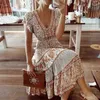 2021 Floral print summer beach Bohemian dress for women Ladies V-neck short sleeve dress female Robe Boho hippie dress Chic X0521