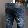 Style italien Mode Hommes Jeans Rétro Bleu Foncé Élastique Coton Slim Fit Déchiré pour Haute Qualité Vintage Designer Pantalon OITZ