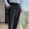 Design Men High Waist Trousers Solid England Business Casual Suit Pants Belt Straight Slim Fit Bottoms White Clothing 211108