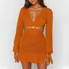Casual Dresses 2021 Summer V Neck Hollow Out Women Knitted Dress Sexy Elegant Long Sleeve Female Beach Party Backless Light Clothes