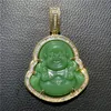 Plaqué Or 18K Glacé Rire Bouddha Vert Jade Pendentif Collier Hommes Bling Bijoux Cadeau