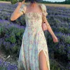 Joco jolee sexig boho blommig tryck split lång klänning elegant bubbla ärm sommar strand sundress avslappnad semester slim en linje klänning 210518