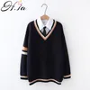 H.SA Korean Japanese Style 2 Pieces V neck Pull Jumpers With Blouses Tied College Sweater Suit Oversized 210417