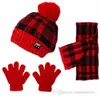 Barn Plaid stickad hatt sätter flickor pompon sammet förtjockar beanielattice scarfgloves 3 st höst vinter barn varma mössor q21928719345