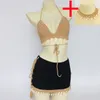 3 pièces Bikini ensemble femme maillot de bain Crochet coquille gland haut et coquillage cheville chaîne Sexy plage dentelle voir à travers mince Mini jupe