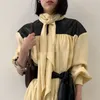 Women Yellow Ruched Sashes Big Size Midi Dress Pile Collar Long Sleeve Loose Fit Fashion Tide Spring Autumn SF674 210421