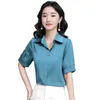 Zomer Koreaanse Mode Zijde Blouse Dames Turn-Down Kraag Satijn Kantoor Dame Rode Korte Mouw Blouse Plus Size XXXL Dames Tops 210531