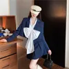 spring Women's suit jacket long sleeve coat+ butterfly shirt + pleated skirt three-piece 210531