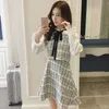 Autumn Women Tweed Stitching Plaid A Line Dress Long Sleeve Ribbon Bow Tie Stand Collar Fake Two Piece Wool 210529