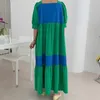 コントラストカラーダーズ女性の夏のスクエアネックルーズパフ半袖グリーンミッドカーフドレス女性5C893 210427