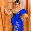 Abito da sera blu reale aso ebi sirened a v-collo tassel satinato fiore di rinestina di tulle moda plus size abiti da ballo da ballo