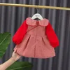 Baby Girls Grid med Velvet Dress Sweet Bowknot tar emot prinsessans klänning + väska i det nya året Kids G1129