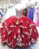Red Sexy Dark Quinceanera Dresses Gold Appliques Crystal Beads Sweetheart Lace Up Back Ruffles Sweep Train Ball Gown Party Prom Evening Gowns s