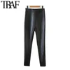 TRAF Femmes Chic Fashion Pu Faux Cuir Pantalon maigre Vintage High Taille Side Fermeture Zipper Slim Femelle Pantalon 210415