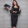 Siyah Zarif Ofis Elbise Bahar Yüksek Bel Sıkı Elbise Şifon Dikiş Dokuz Noktası Kollu Atina Parti Kadın Elbiseleri 210409
