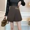 Lucyever A-line Irregular Pleated Skirt Womens Metal Button Empire Brown Mini Skirts Woman All-match Design Autumn Skirts Mujer 210521