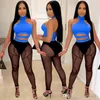 Women Nightclub Clothing Two Piece Pants Set Hollow Out Crop Top Mesh Perspective Outfits Set Sexy Clubwear Ladies Suit Plus Size Clothes