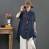 Camisa Nacional de Verão Estilo Camisa Plus Size Short Manga Solta Cores Botão Longo Linho Tops Vintage Femme Blusas D14 210512