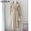 QOERLIN Minimalist French Elegant Lace Up Mid Length Dress Women White Pleated Dresses Long Sleeve ALine Shirts Vestidos Mujer 210412