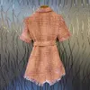 Plaid Tassel Kombinezon dla Kobiet Lapel Krótki Rękaw Wysoki Talia z Sashes Luźne Playits Style Moda Damska 210527