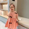 Girls Summer Bows Cotton Dress Short Sleeve A-line Sundress Lovely Kids Casual Clothing Outfit 210529