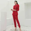 ファッションオフィスの女性パンツスーツレッド2ピースセット女性のダブルブレストブレザー鉛筆パンツ韓国のビジネス秋210506