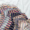 Женщины Rainbow F-рубашка O-образным вырезом вязание полоски хлопчатобумажного крепкого резьбы Подол топ Летние женские тонкие с короткими рукавами TEE210421