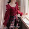 Bandage Bluse und Tops Frauen Langarm Quadrat Kragen Solide Abend Vintage Shirts Frauen Korea Stil Elegante Top Sommer 210521